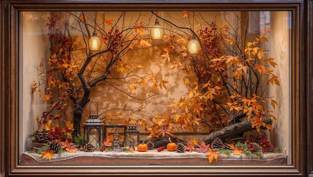 Autumn window diorama showcasing lanterns, mini pumpkins, pinecones and warm pendant lights