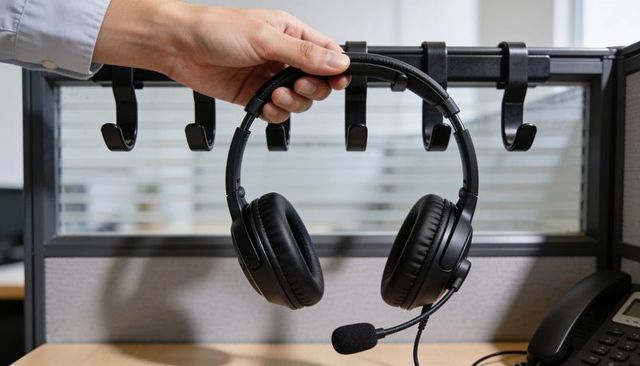 Hand holding black over-ear headset with boom microphone hanging on cubicle hook office workstation