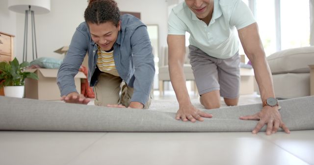 Father and Teen Daughter Rolling Out Carpet in New Home - Download Free Stock Images Pikwizard.com