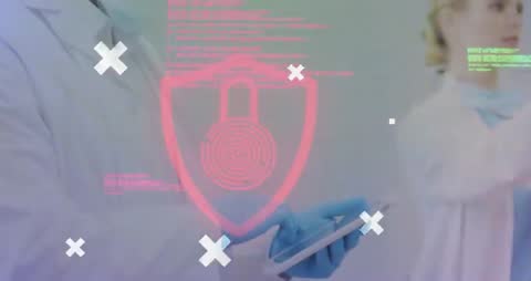 Doctor Using Tablet with Digital Security Overlay