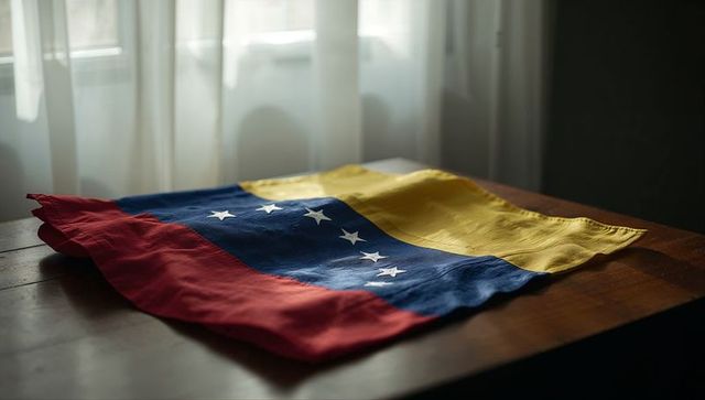 Lying venezuelan tricolor flag draped on wooden table with soft daylight and sheer curtain
