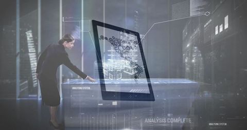 Engineer Maneuvering Futuristic 3D Display in Tech Lab