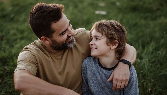 Father and Son Sharing Warm Moment on Grass, Smiling and Embracing