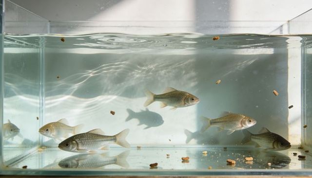 Small silvery fish schooling in clear aquarium, pellets floating, ripples creating caustic light