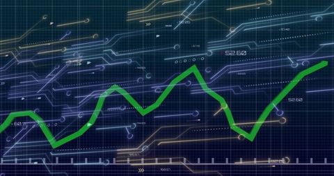 Green Trend Line Rising Over Futuristic Neon Data Grid With Circuitry Analytics