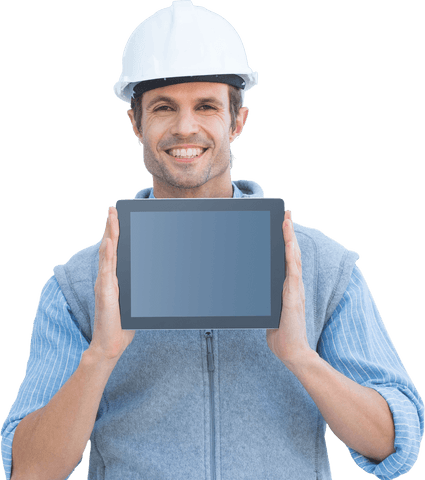 Smiling architect presenting transparent tablet