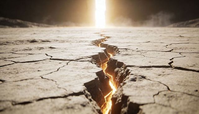 Glowing fissure splitting parched earth revealing molten light column on distant horizon