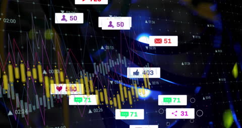 Social Media Activity Icons Over Financial Data Background