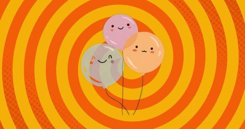 Pastel balloons with faces on vibrant spiral background
