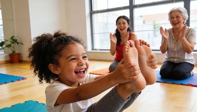 Multigenerational family practicing yoga: laughing child holding feet while stretching