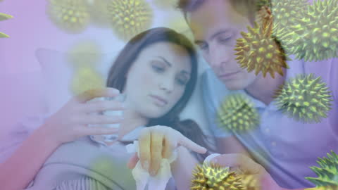 Sick Couple Struggling with Virus Overlay Illustrating Pandemic Impact