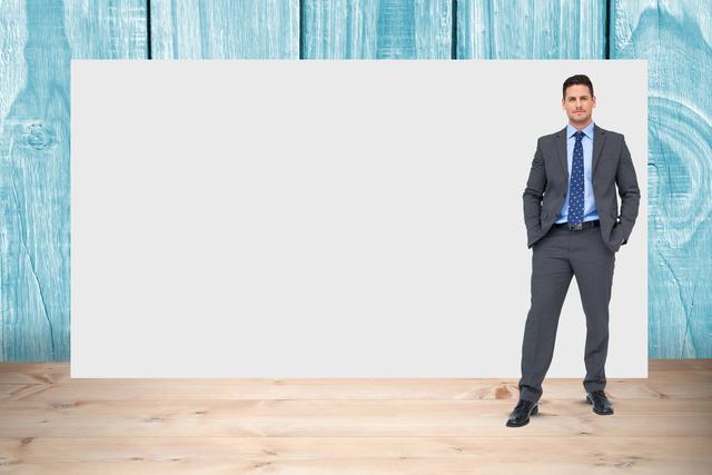 Digital composite of Portrait of confident businessman standing with hands in pockets against blank billboard
