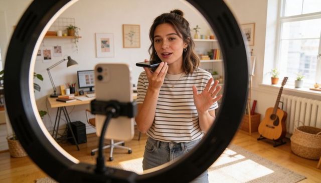 Creator recording voiceover at home studio with ring light smartphone setup and guitar