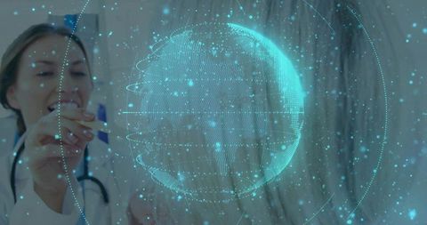 Doctor pointing at holographic globe visualizing global health data and telemedicine network