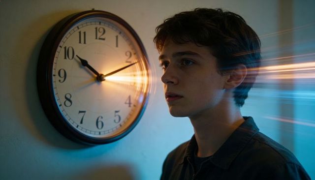 Teenager Facing Oversized Wall Clock with Amber and Blue Light Trails Conveying Time Shift