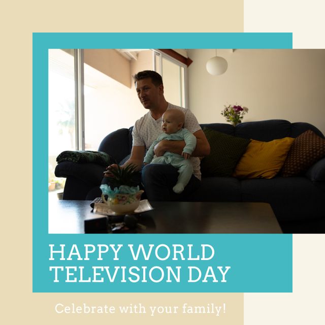 Composition of happy world television day text with caucasian man holding baby and watching tv. Television day and celebration concept digitally generated image.