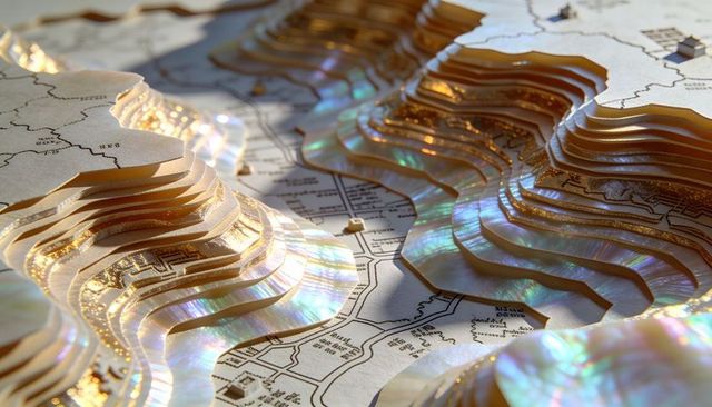 Iridescent layered topography with gold foil contour tiers on vintage cartography map inset