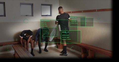 Soccer players preparing on bench tying cleats adjusting socks with tech hud overlay