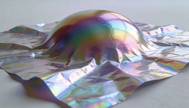Iridescent metallic foil dome with crumpled edges and rainbow prismatic reflections