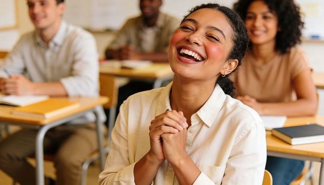Laughing female student clasping hands in classroom during engaged collaborative learning