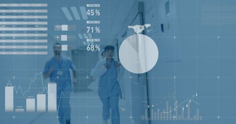 Healthcare analytics with doctors running in hospital corridor
