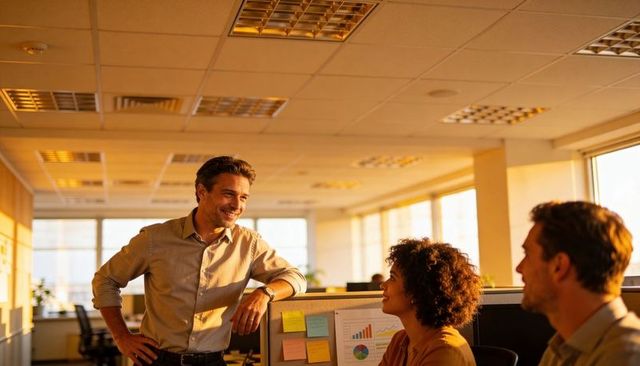 Smiling male manager leaning on cubicle talking with colleagues in sunlit open office