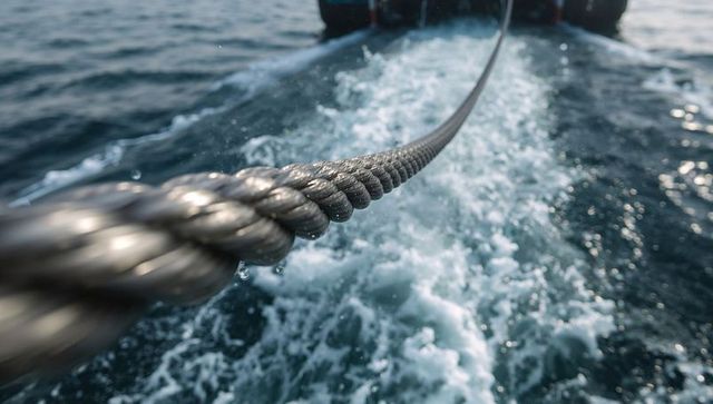 Braided steel towing rope slicing through ocean wake with water droplets and dynamic sheen