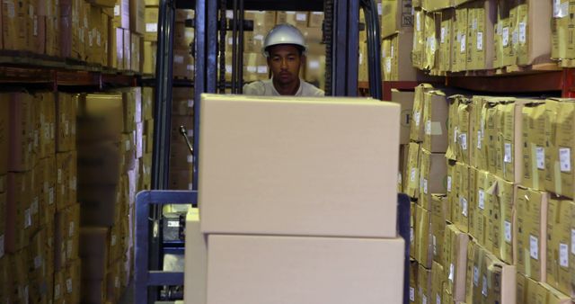 Warehouse Worker Operating Forklift with Cardboard Boxes - Download Free Stock Images Pikwizard.com