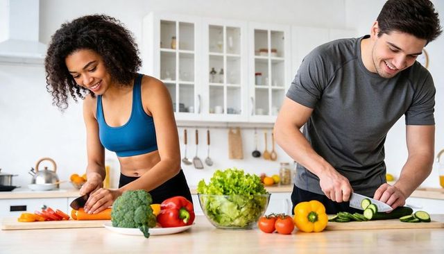 Couple preparing fresh salad together in bright modern kitchen, chopping vegetables