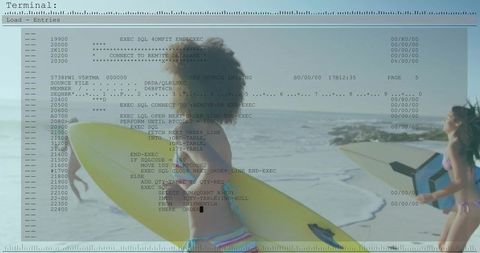 Young women carrying surfboards toward ocean with retro terminal code overlay, summer vibe
