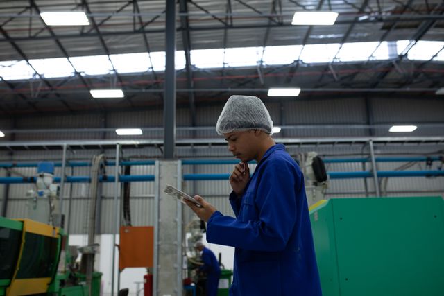 Side view of focused biracial male worker working in a busy factory warehouse wearing a hair net and blue overalls, standing and using a tablet computer