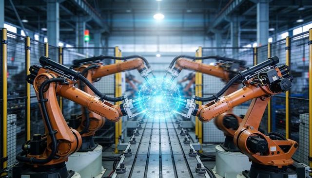 Collaborative robotic arms aligning glowing digital sphere above conveyor in smart factory