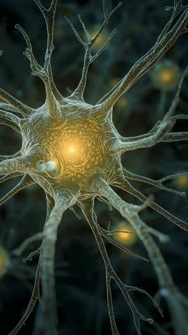 Glowing neuron transmitting signal through dendrites | Vertical microscopic neural network video