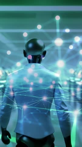 Android pivoting head through glowing data matrix in futuristic AI data hall vertical video