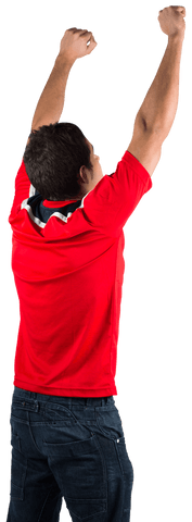 Cheering Football Fan in Red Shirt with Arms Raised Transparent