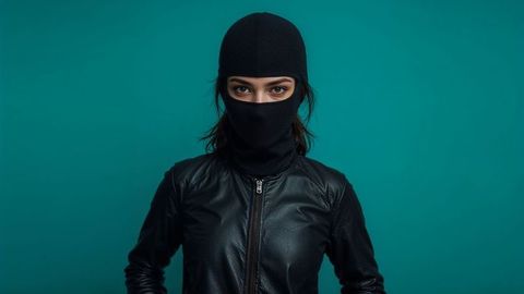 Mysterious female burglar in black balaclava with leather jacket