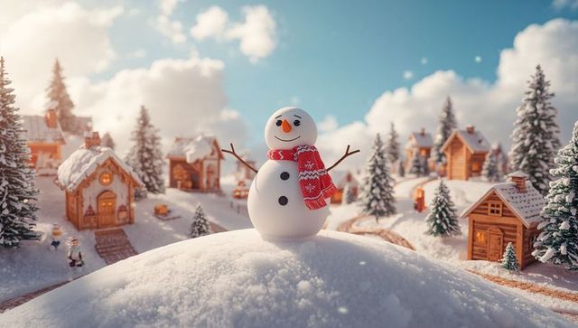 Festive Snowman Among Snowy Village Winter Wonderland