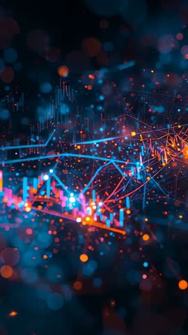 Vertical neon data network pulsing in dark space revealing candlestick trend lines
