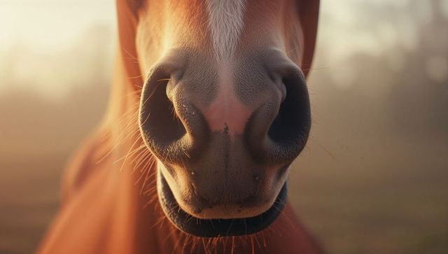 Close-Up of Horse Muzzle in Golden Light in Rural Pasture