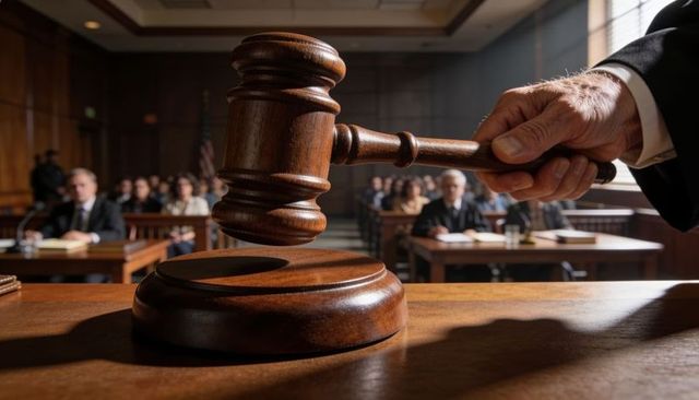 Judge striking gavel on sound block in courtroom during trial hearing with counsel