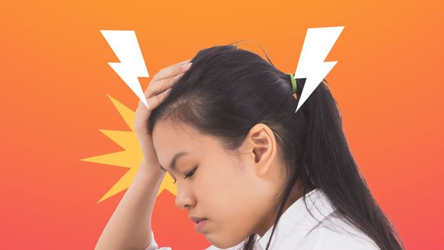 Illustration shows woman holding head in pain, symbolically indicating migraine. Use for health articles focused on symptoms, migraine awareness, and mental stress discussions. Suitable for static or dynamic media involving pain management or emotional well-being education.