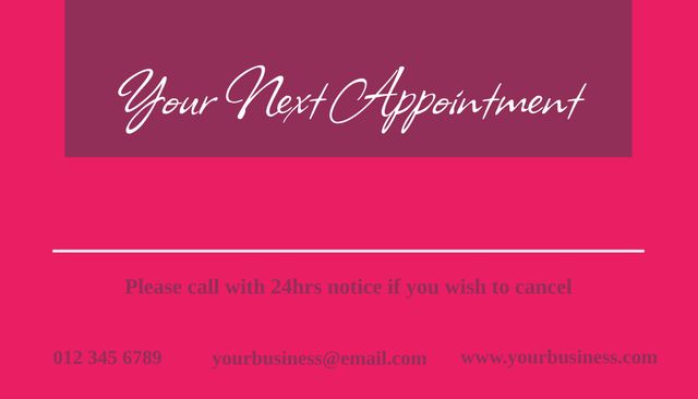Bold appointment reminder with a striking pink background. Suitable for businesses needing to remind clients about upcoming appointments. Great for use in emails, printouts, or digital displays.