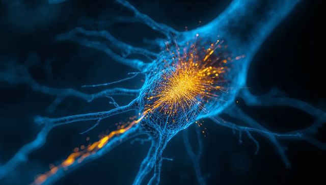 Glowing neuron transmitting signals through cytoskeleton mesh with axonal particle flow