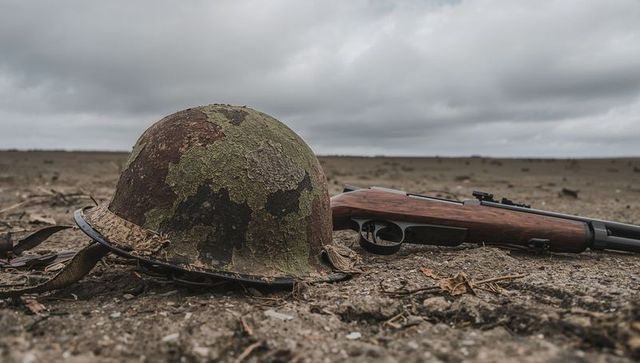 Camouflage helmet and rifle on arid desert landscape