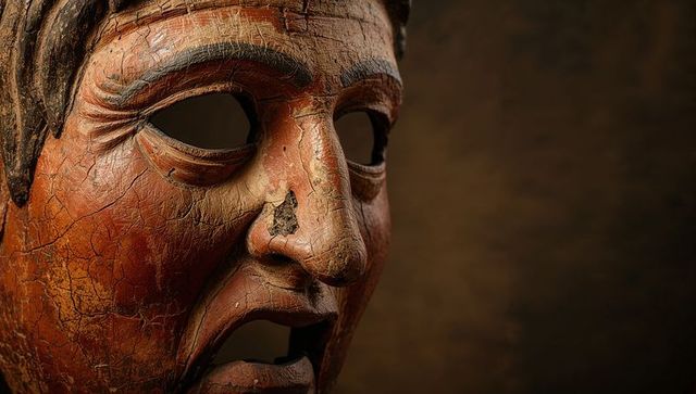 Weathered wooden mask close-up: cracked paint, hollow eyes, chipped nose, dramatic patina