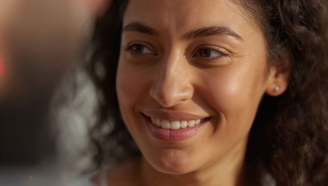 Smiling woman gazing left closeup with curly hair warm studio light natural skin glow