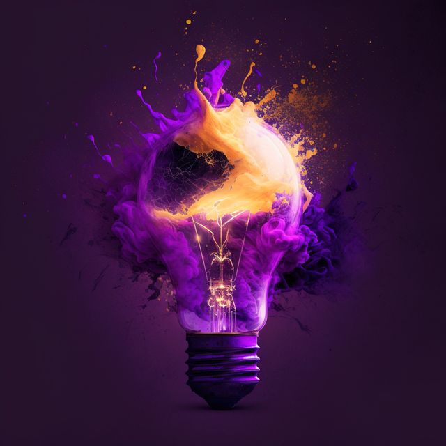 This image features an abstract light bulb with a vibrant explosion of colors inside, particularly purple and yellow. The visually striking design signifies creativity and innovation, making it ideal for use in marketing materials, creative presentations, or technological advancements. It can also be used to symbolize bright ideas or energy.
