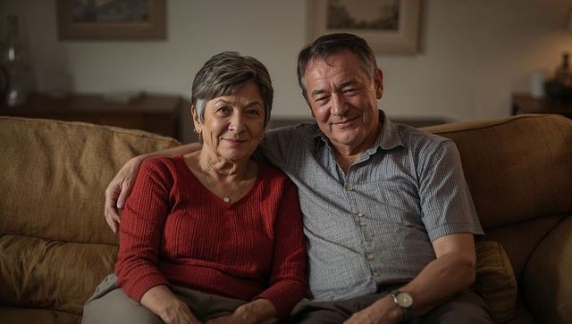 Sitting senior couple embracing on sofa, sharing warm companionship and comfort