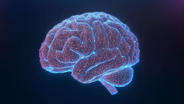 Futuristic digital mesh brain with glowing nodes and filaments