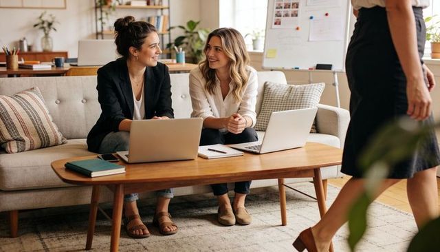 Two women collaborating on laptops in modern casual office lounge with plants and daylight